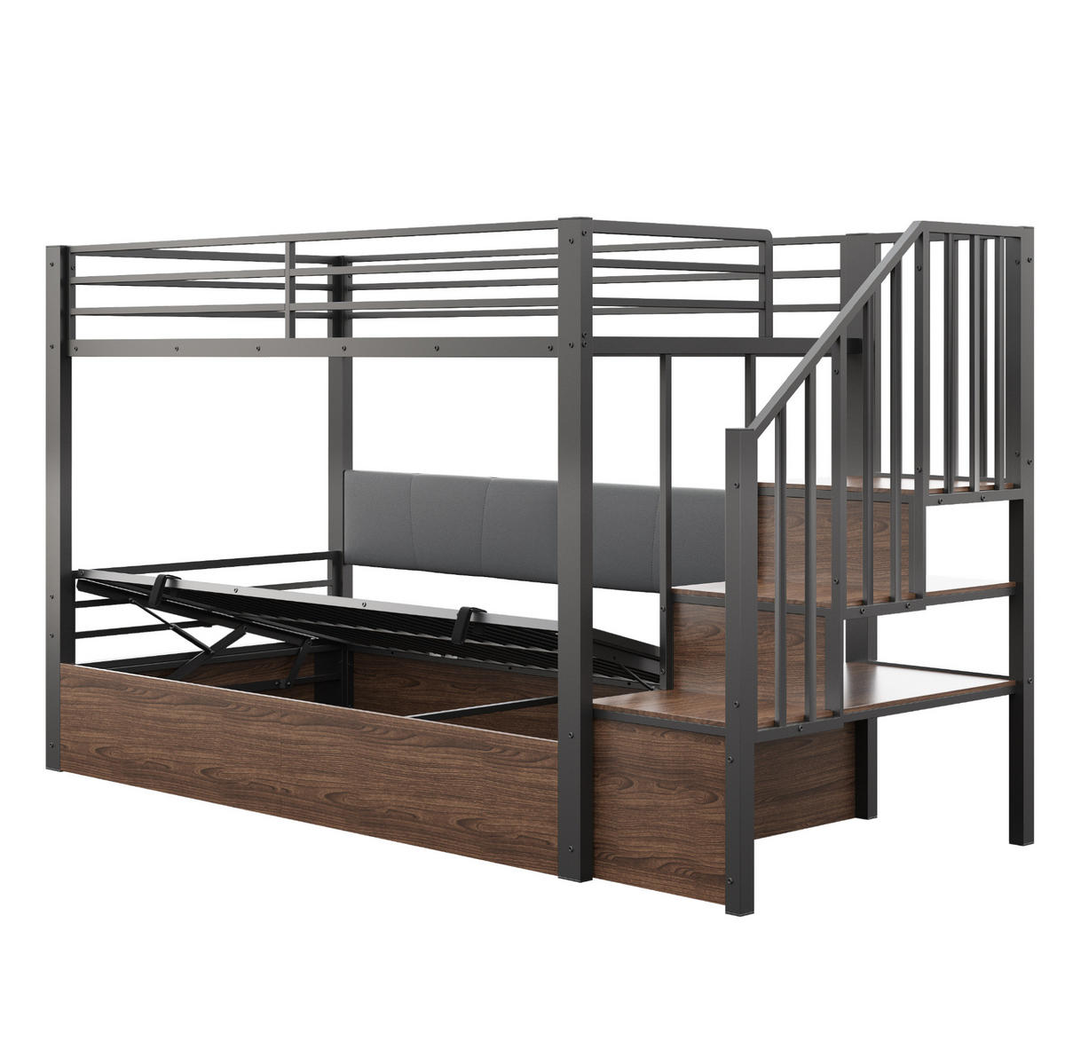 HOCHBETT 90/200 cm mit hydraulischem Bettkasten, PU-Rückenlehne und Stauraumtreppe, Schwarz - Schwarz, Kunststoff (90/200cm) - Redom