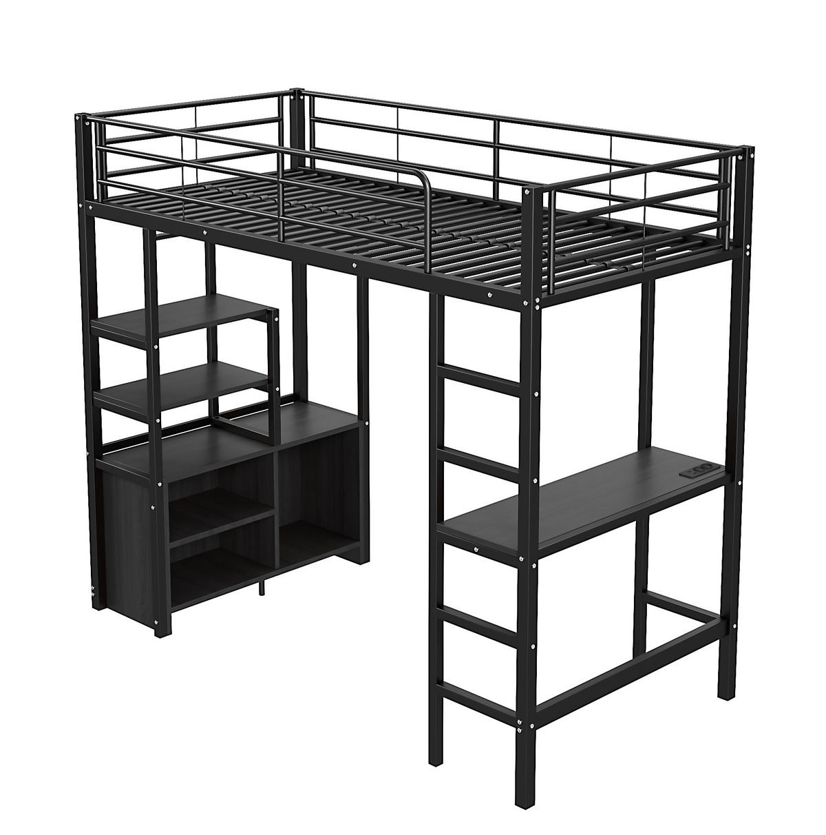 HOCHBETT 90/200 cm, Schwarz mit Schreibtisch, Steckdose und USB - Schwarz, Metall (90/200cm) - MIVRAY