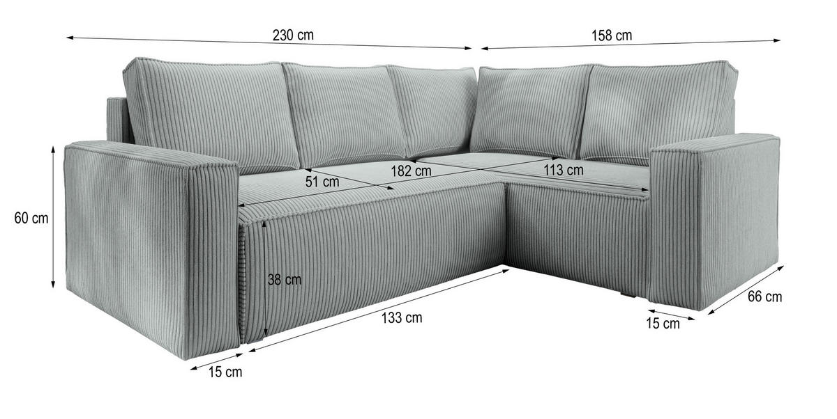 ECKSOFA ESTANO R-S Schwarz Kordstoff mit Schlaffunktion - Schwarz, Holz (230/158cm) - MASSENO