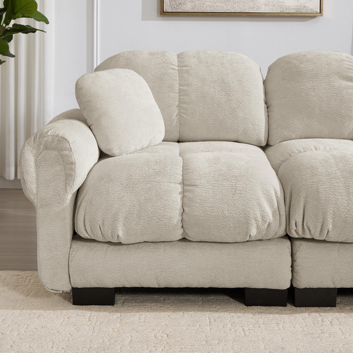 SOFA 190/86/90 cm in Hellkhaki aus Chenille mit Steppnähten - Sandfarben, Textil (86/90/190cm) - Flora Grace