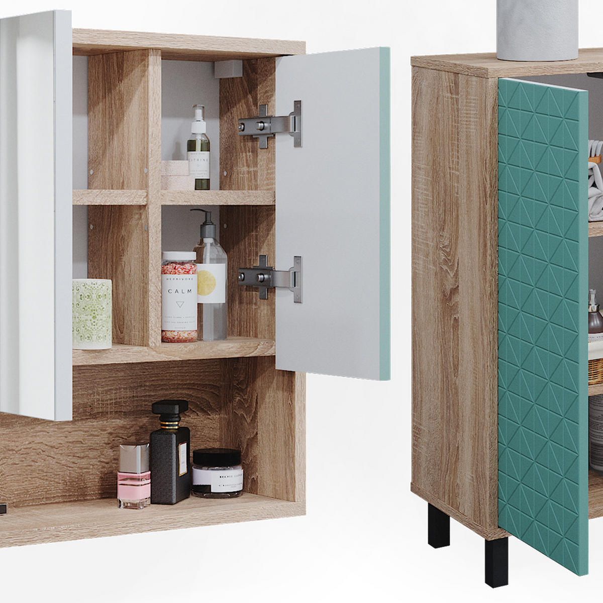 BADMÖBEL-SET Agasta Mintgrün 3 Teile - Mintgrün/Sonoma Eiche, Holzwerkstoff (56/57/28cm) - Vicco