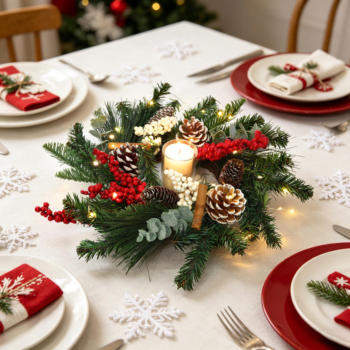 WEIHNACHTSKRANZ mit LED Beleuchtung & Timer - Dunkelgrün, Naturmaterialien (40cm) - Hometopia