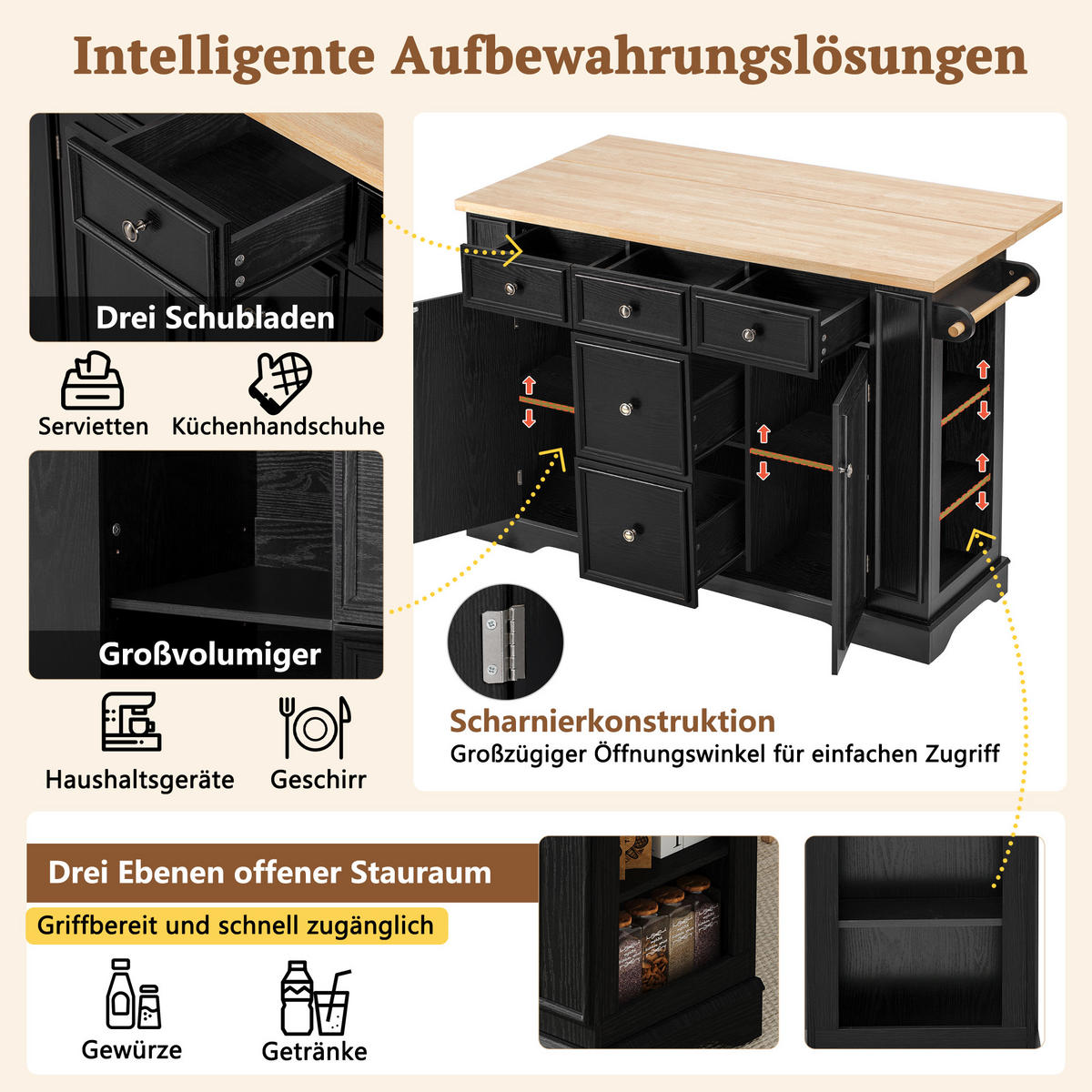 KÜCHENINSEL 130,5/40-65/92 cm schwarz mit klappbarer Arbeitsplatte und Ladestation - Schwarz, Holzwerkstoff (130.5/92/65cm) - OKWISH