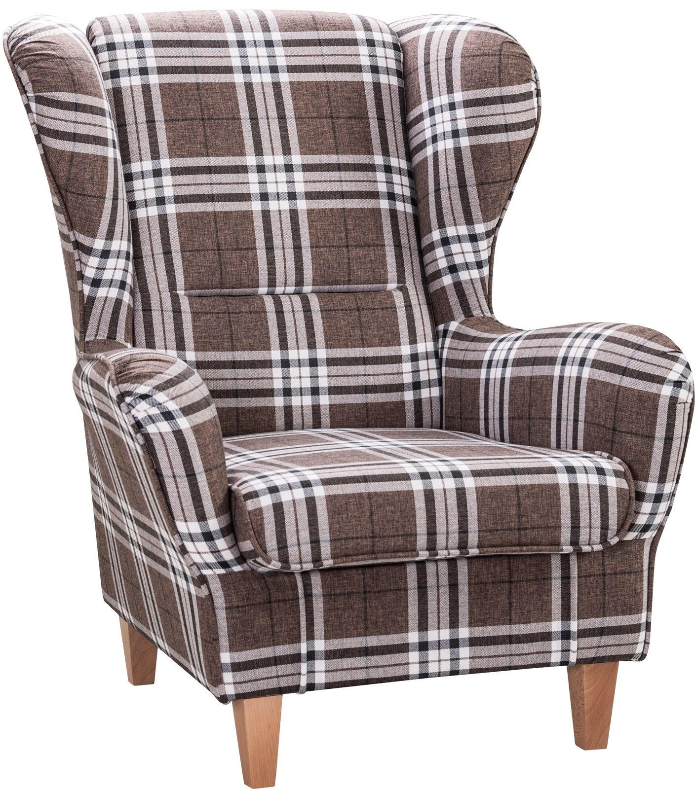 OHRENSESSEL Sofia Relaxsessel mit Hocker | Design Oxford - Braun/Weiß, Textil (92/68/95cm) - Supellex