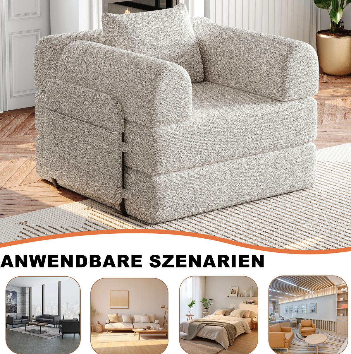 SCHLAFSOFA aus Chenille Khaki 2-in-1 mit Armlehnen-Staufach und Stahlrahmen - Naturfarben, Textil (94/49.5/181.6cm) - Modfu