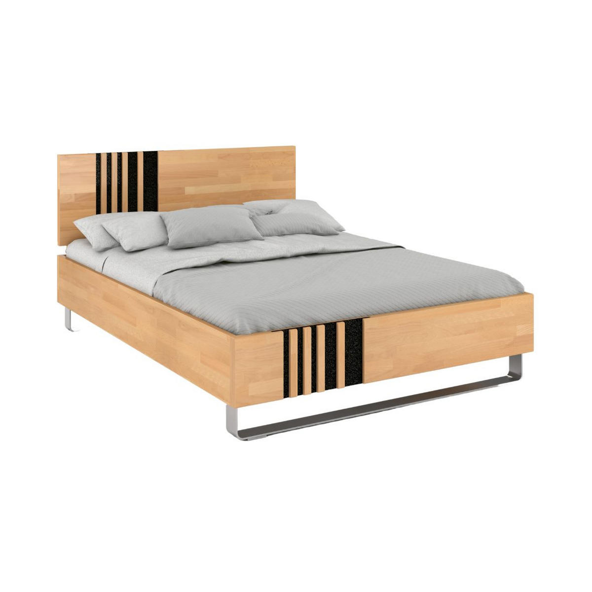 MASSIVHOLZBETT Kielce mit Metallfüßen, Buche - lackiert, Naturfarben, Schwarz Glas, 160x200 - Edelstahlfarben/Buchefarben, Holz/Metall (160/200cm) - Visby