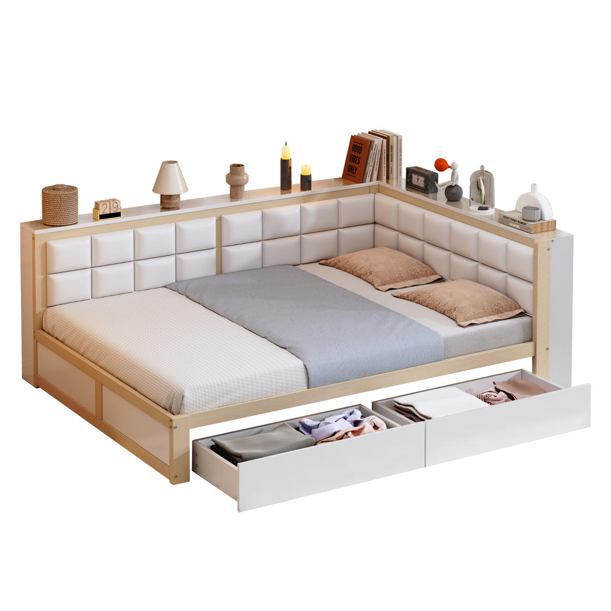 BETT mit weicher Rückenlehne Kiefernholz 140/200 cm mit Stauraum - Weiß, Holz (140/200cm) - OKWISH
