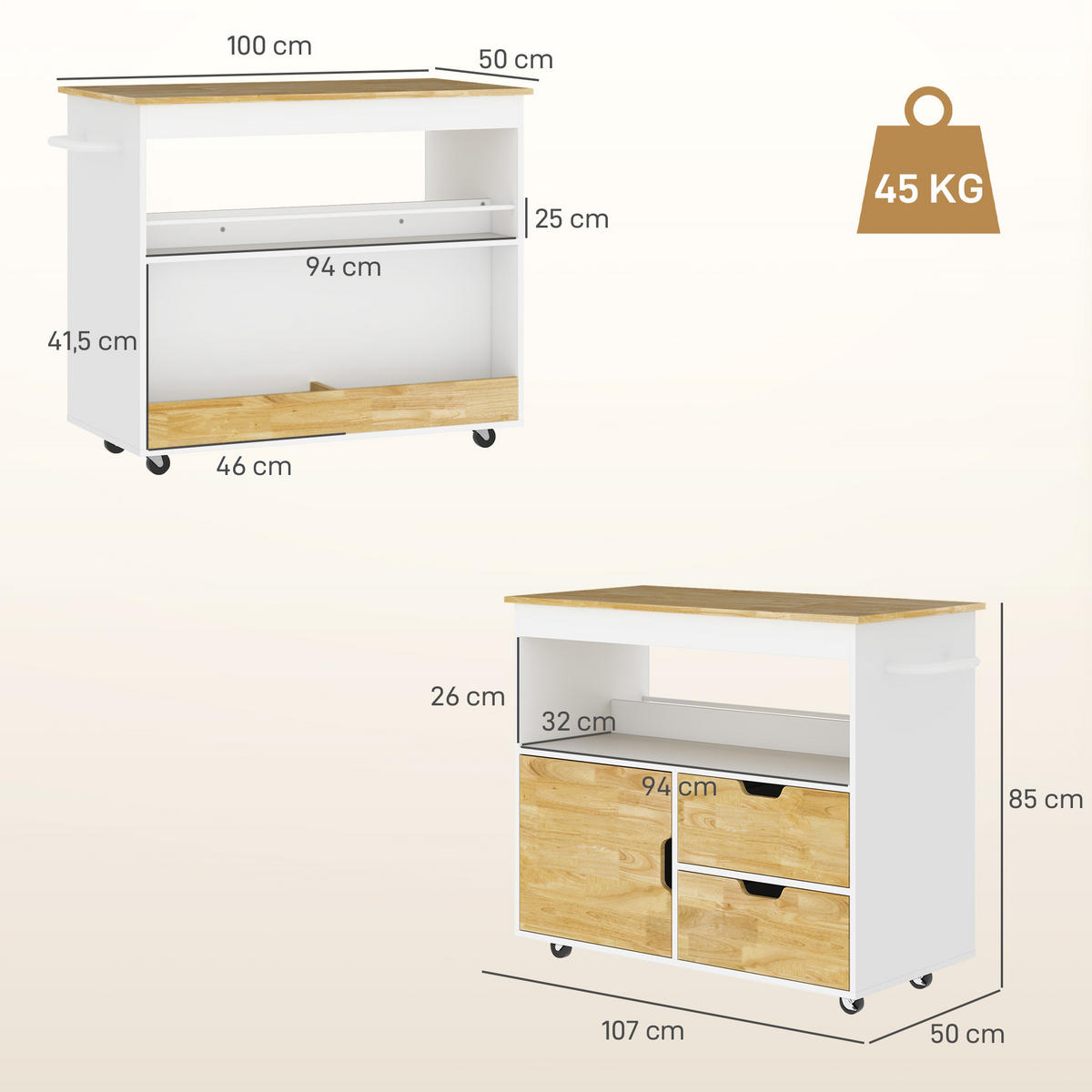 KÜCHENWAGEN Servierwagen mit Arbeitsplatte, Schubladen, Küchenschrank, Eiche - Eichefarben, Holz (50/85/107cm) - HOMCOM