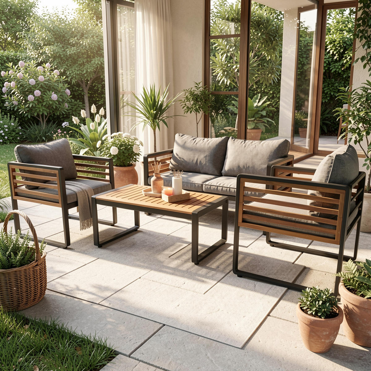 LOUNGEGARNITUR 4-tlg. Eisen & Akazie Grau Gartensofa mit Tisch, 2 Sesseln & Kissen - Grau, Metall - Urban Meuble