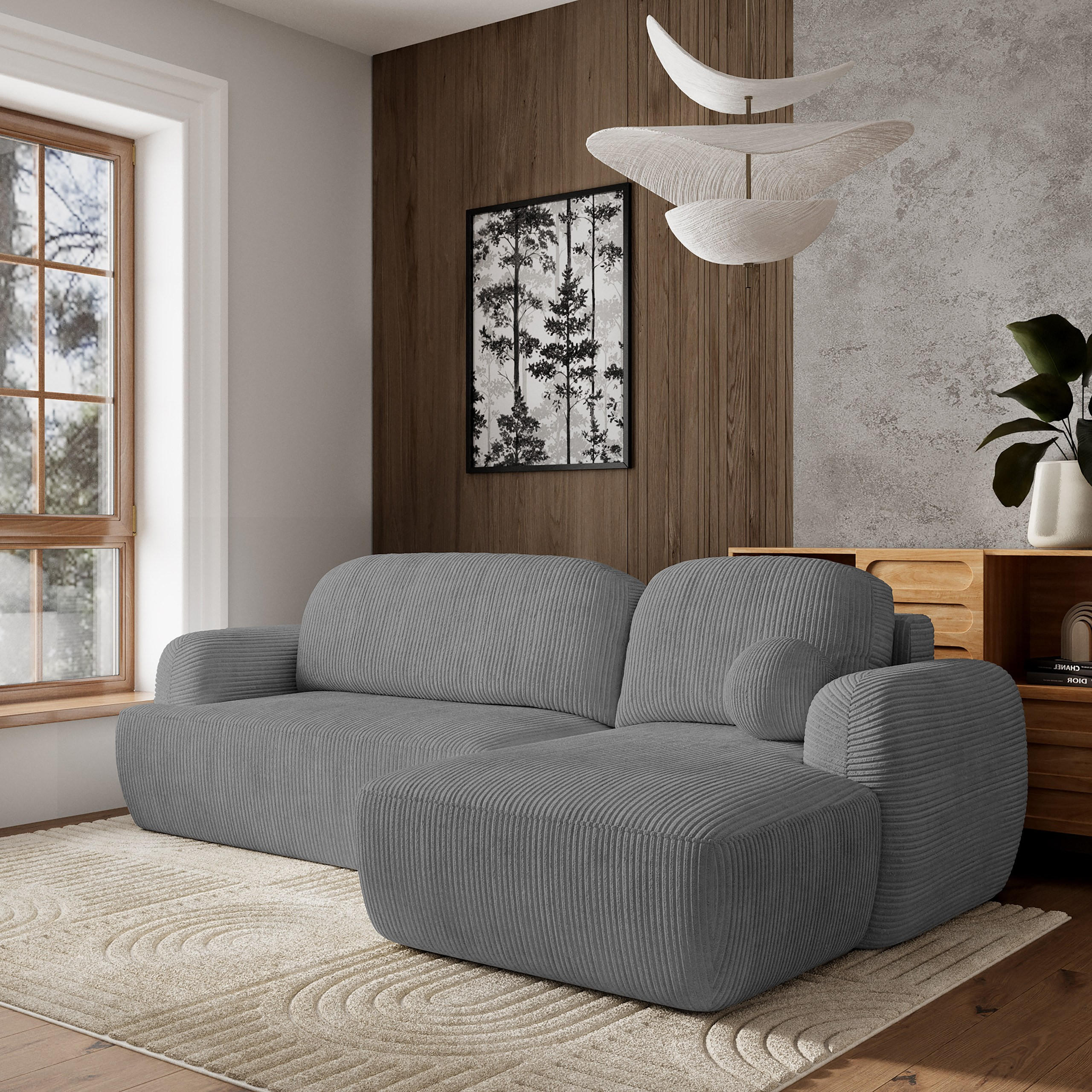 ECKSOFA MODENZA P R-S Grau Kordstoff mit Schlaffunktion - Grau, Holz (266/148cm) - MASSENO
