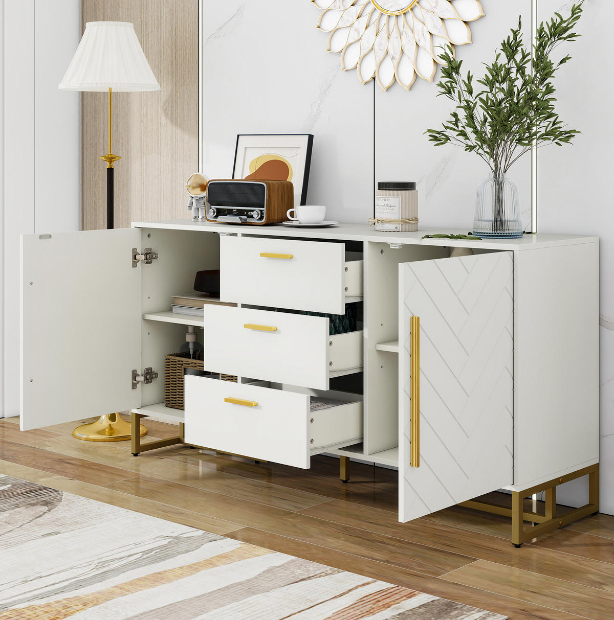 SIDEBOARD mit 3 Schubladen 2 Türen MDF Weiß - Weiß, Holzwerkstoff (145/75/40cm) - Meubliv