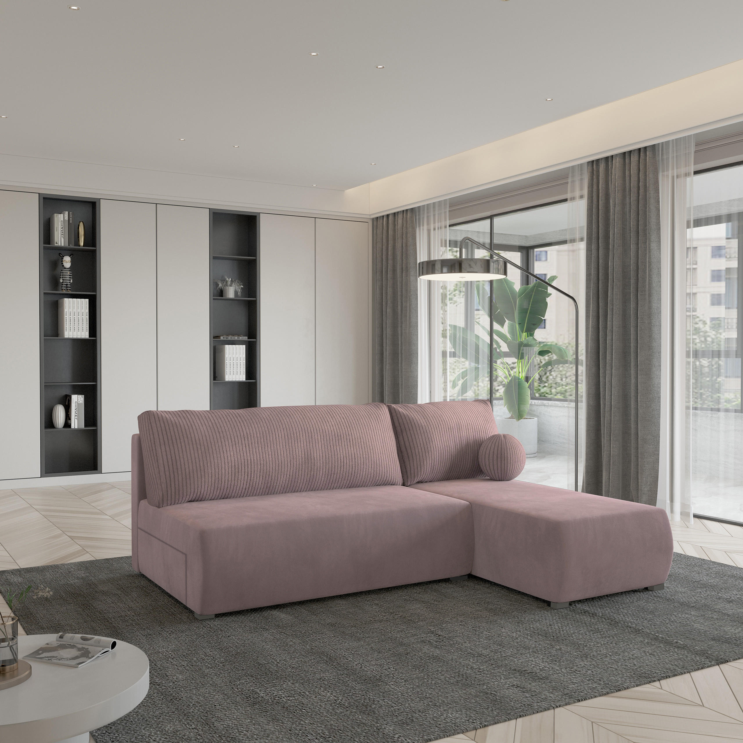 ECKSOFA PARVELO Rosa Plüsch-Stoff mit Schlaffunktion - Rosa, Holz (200/143cm) - MASSENO