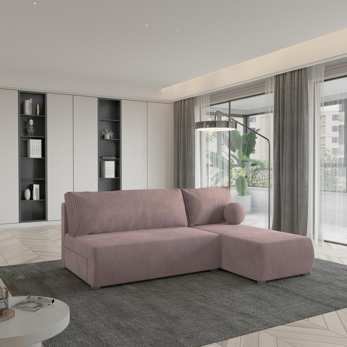 ECKSOFA PARVELO Rosa Plüsch-Stoff mit Schlaffunktion - Rosa, Holz (200/143cm) - MASSENO