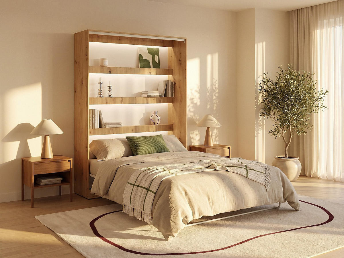SCHRANKBETT - 2 Personen - holz - beige, naturfarben hell Rapili - Weiß, Holz/Metall (140/200cm) - Vente-Unique