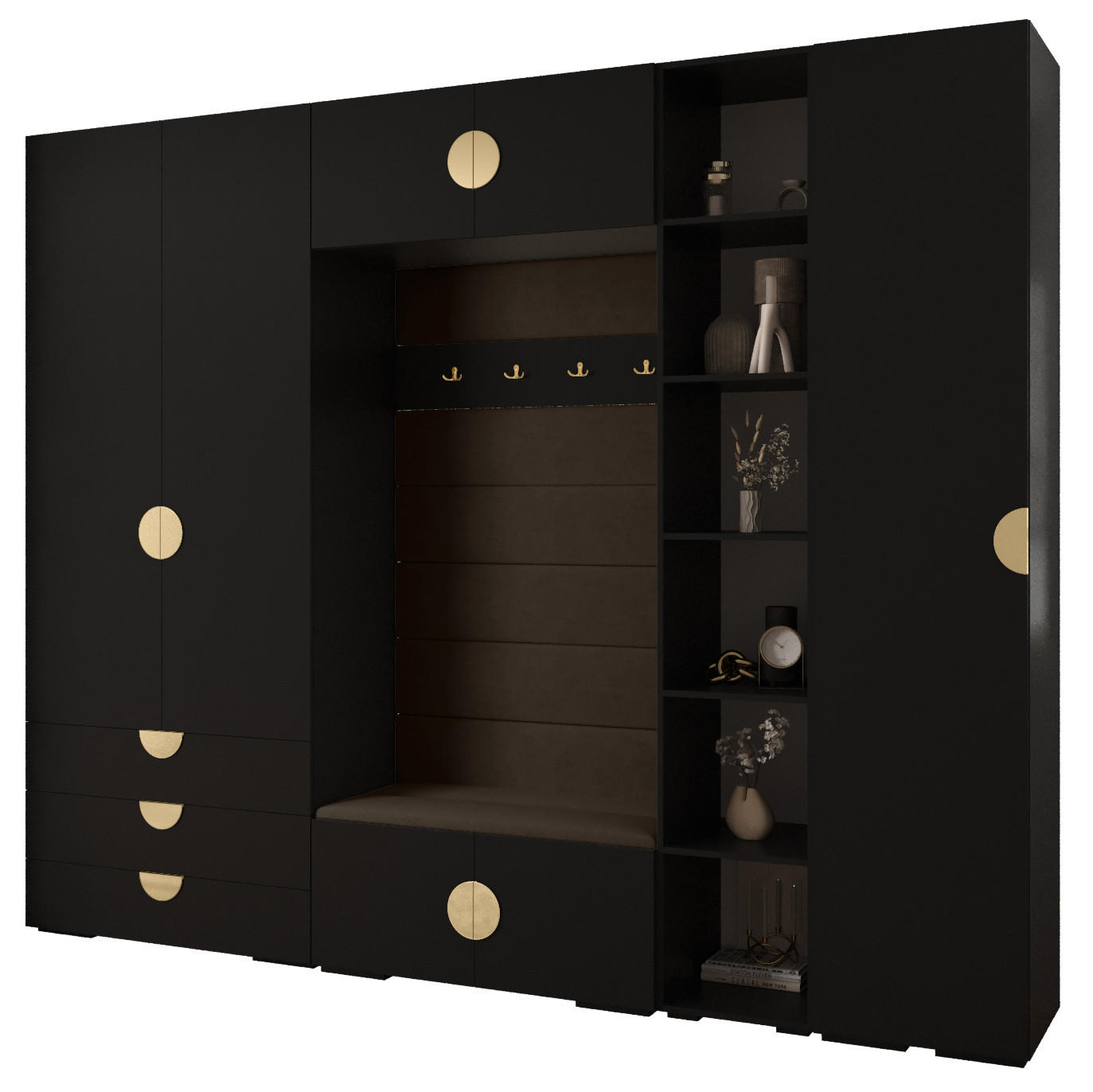 Abiks Möbel Garderoben-Set Schwarz, Braun, Gold 290x236.7x47 cm