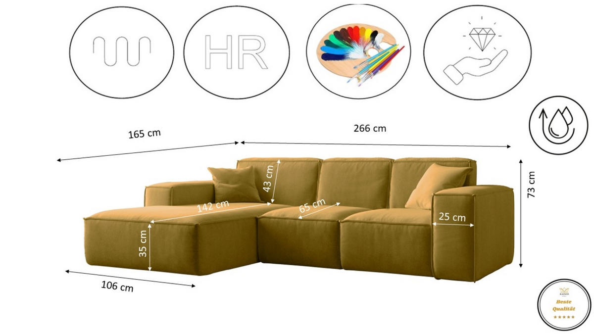 ECKSOFA L-Form Siena Stoff Salvador Gelb Links - Gelb, Holz (165/266cm) - Kaiser Möbel