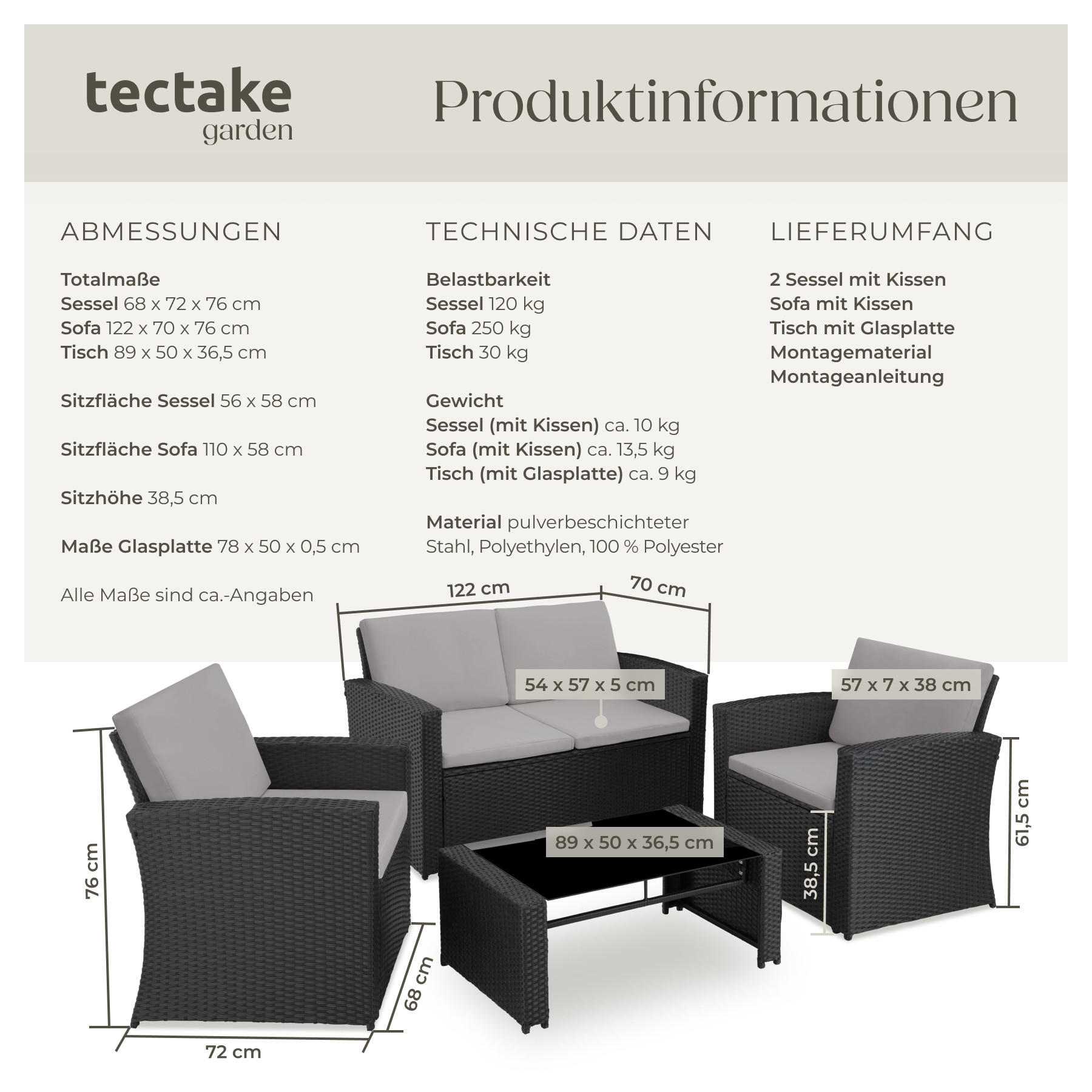 Thumbnail - tectake Rattanlounge, Schwarz, Grau, Kunststoff, Rechteckig, Loungemöbel, Loungemöbel-Sets