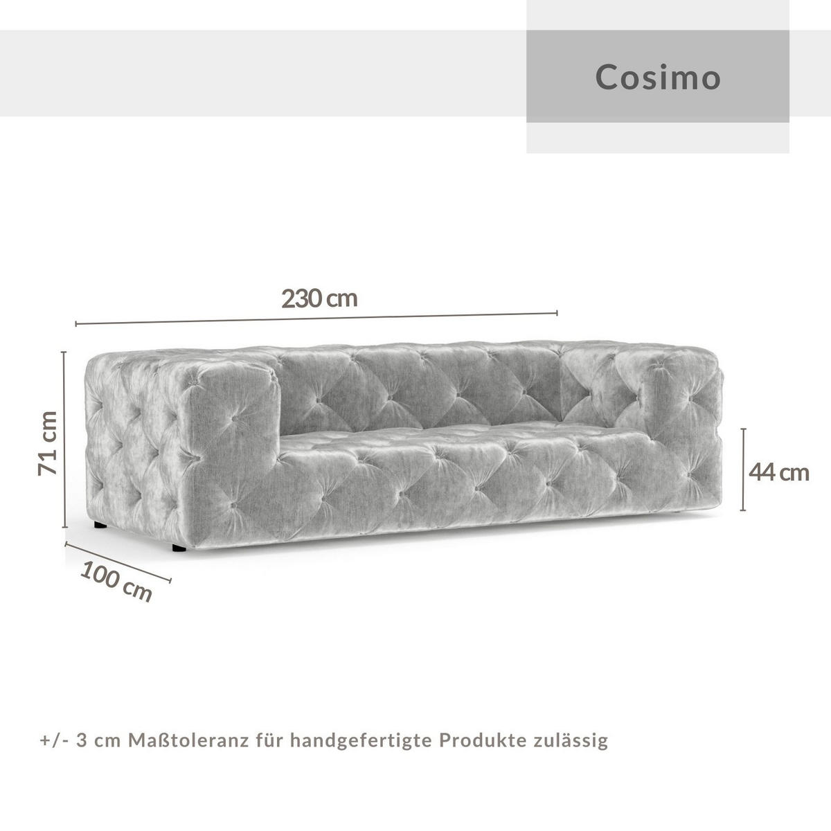3-SITZER-SOFA Cosimo Hellgrau Samtstoff - Hellgrau/Schwarz, Holz/Holzwerkstoff (230/71/100cm) - Maison de Reve