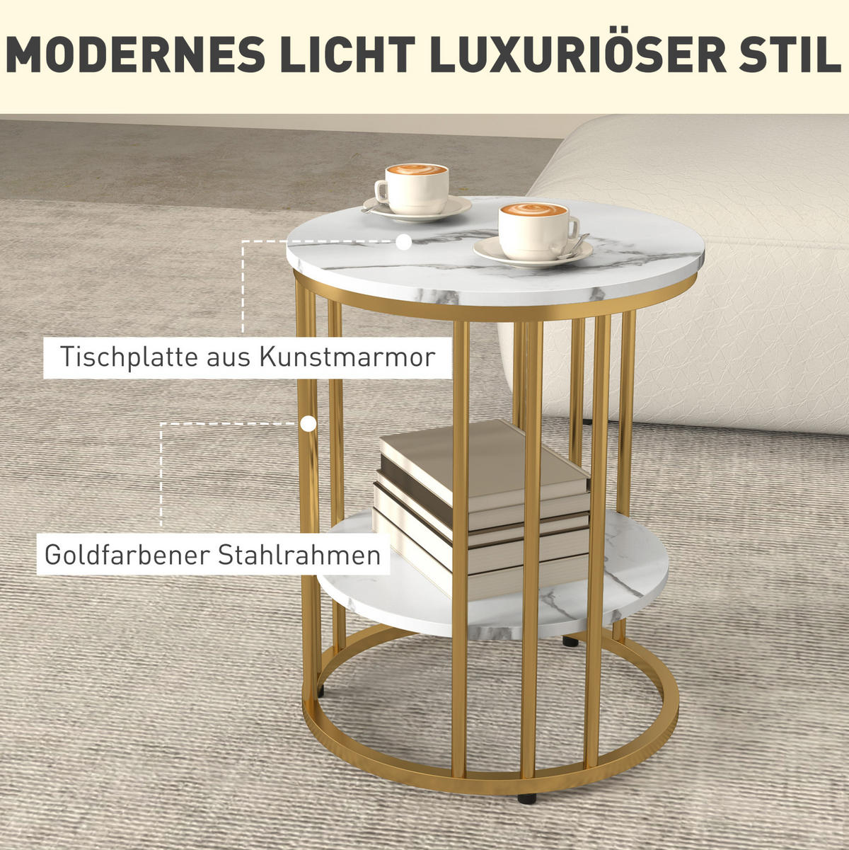 COUCHTISCH-SET 45/45/55 cm rund mit Ablagefach in Marmoroptik und Metallgestell, Weiß - Weiß, Holzwerkstoff (45/45/55cm) - Redom