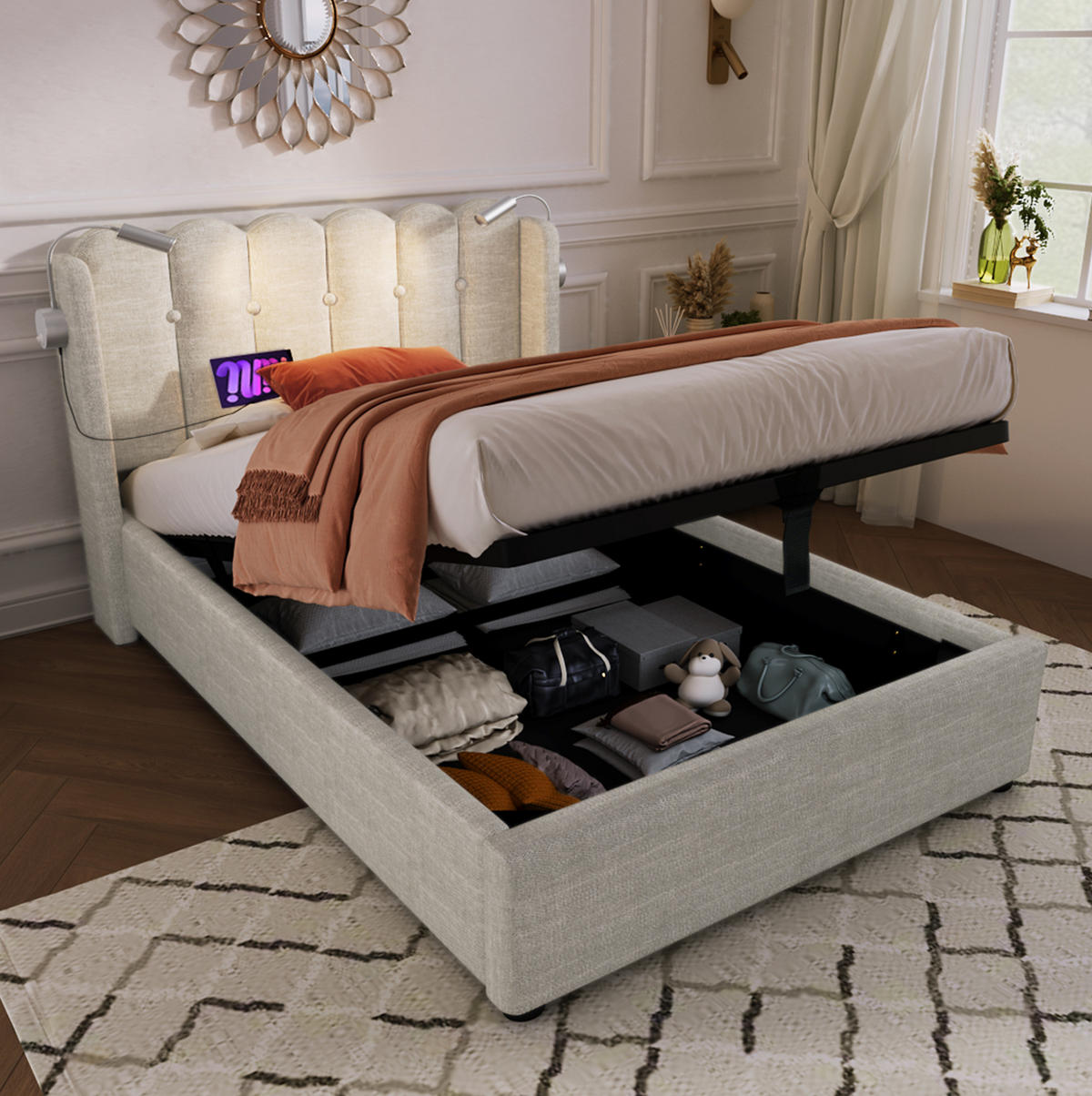 POLSTERBETT mit Bettkasten, Leselicht und USB 90x200 cm Beige - Beige, Metall (90/200cm) - Meubliv