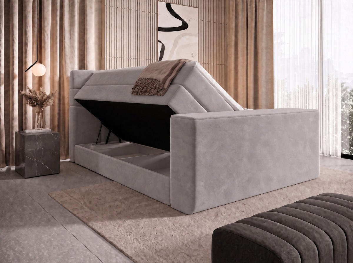 BOXSPRINGBETT Carenzo 3 Hellgrau 160/200 cm H3/H4 Samt inkl. Topper und TV-Lift - Hellgrau, Textil (160/200cm) - wonello