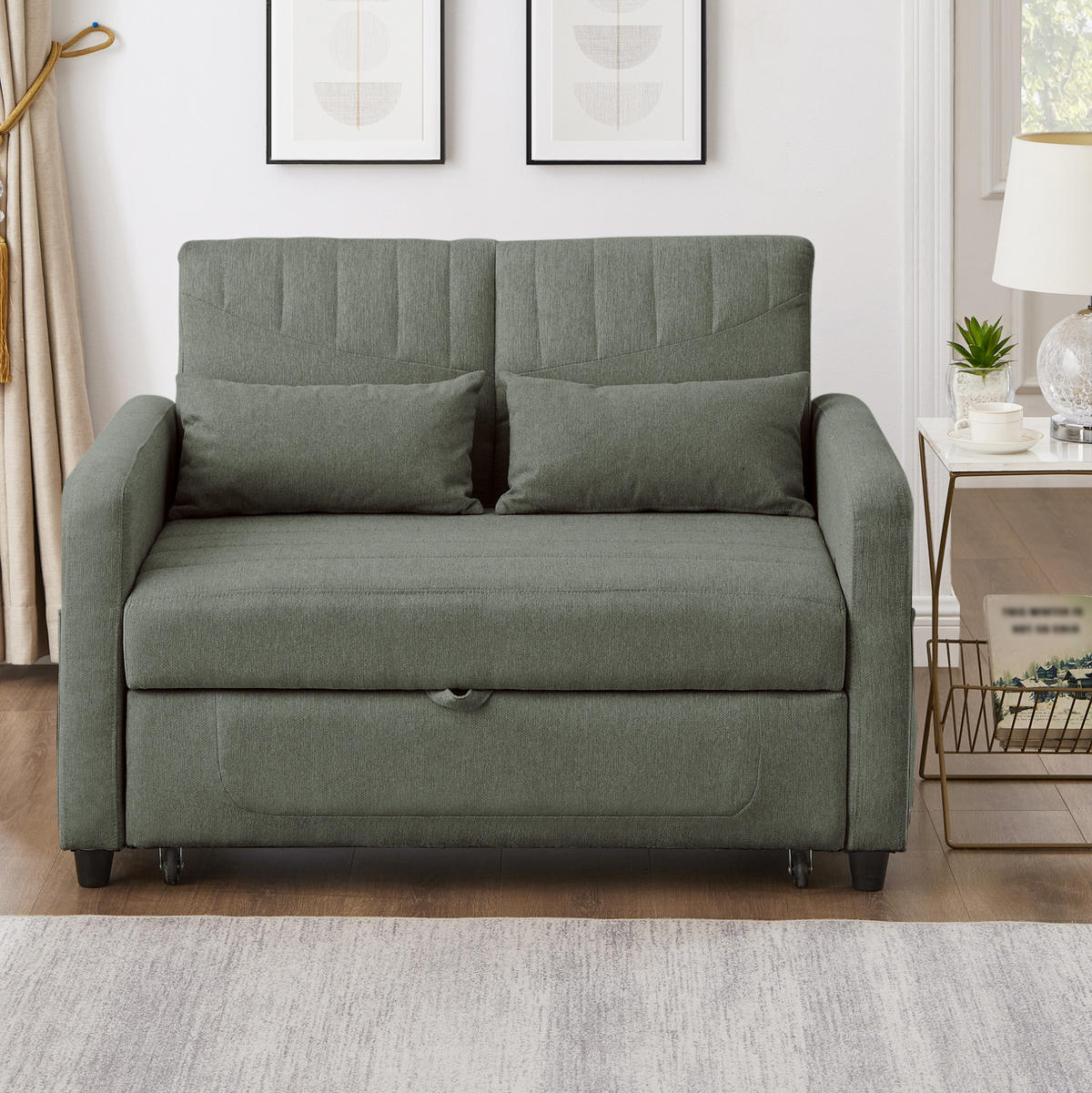 SOFABETT Baumwoll-Leinen mit ausziehbarer Schlaffunktion Olivgrün 114/77/82,5 cm - Olivgrün, Textil (77/82.5/114cm) - Redom