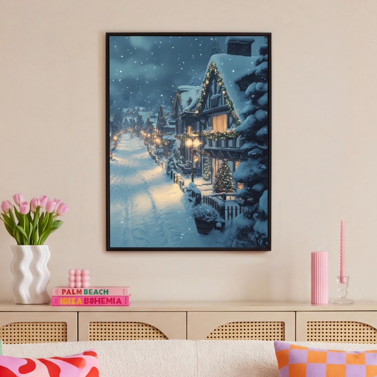 LEINWAND Bilder mit Rahmen - Weihnachtsdorf - Weihnachten - Schnee - Winter - 70x100 - Dunkelblau, Textil (70/100cm) - MuchoWow