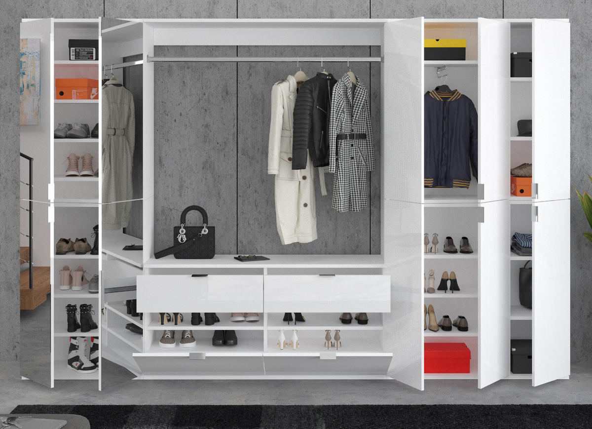 GARDEROBENSCHRANK weiß Hochglanz 152 cm, bis 18 Fächer, Flurgarderobe - Chromfarben/Weiß Hochglanz, Holzwerkstoff/Metall (152/193/34cm) - Inn.Furn