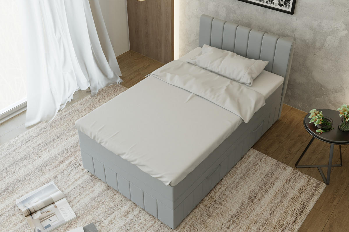 BOXBETT AVALON 120 x 200 cm mit Bettkasten und Topper - Hellgrau - Hellgrau, Holz - Panda Möbel