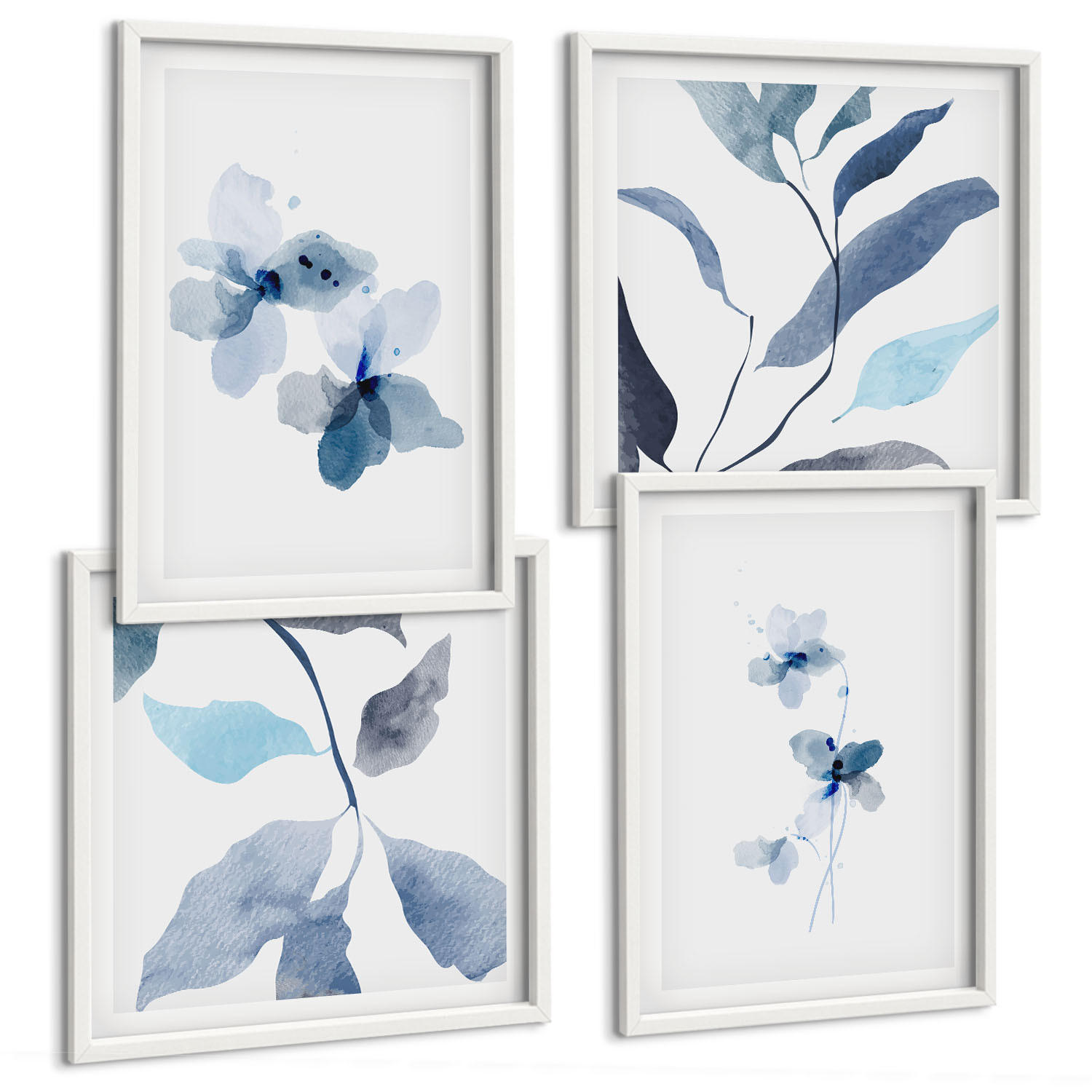 BILDER SET 4er Set - 50x50 cm & 40x60 cm Weißer Rahmen - Minimalistische blaue Blumen - Weiß, Kunststoff (50/50cm) - TULUP