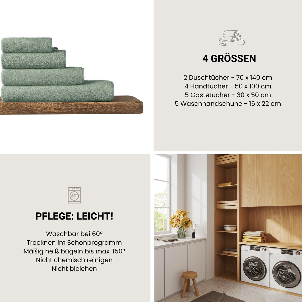 DUSCHTUCHSET Milano - 2-teilig - 70 x 140 cm - Hellgrün - Hellgrün, Textil (70/140cm) - SCHIESSER