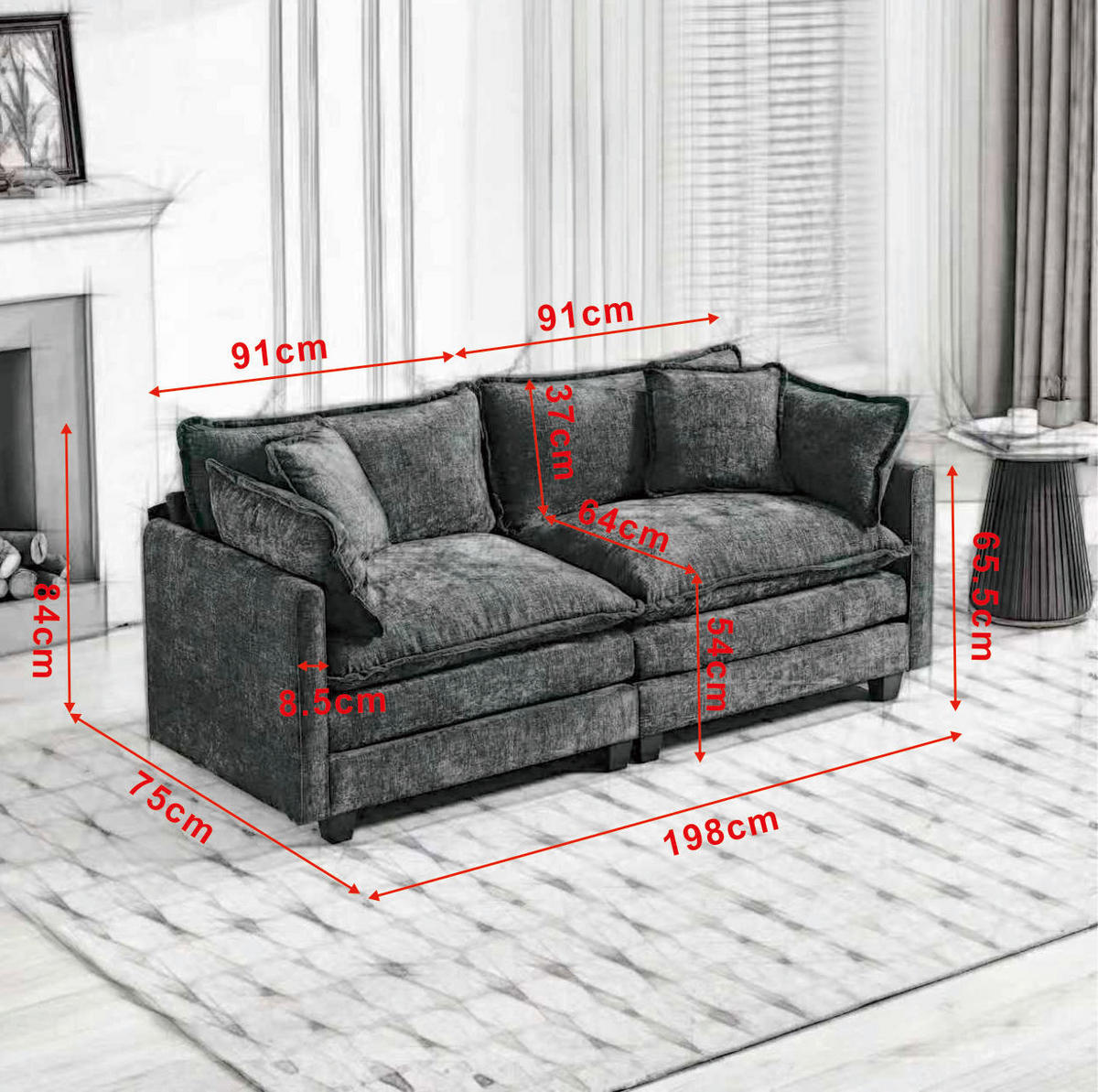 MODULSOFA flexibel kombinierbar Chenille Black - Schwarz, Holz (75/84/195cm) - Meubliv