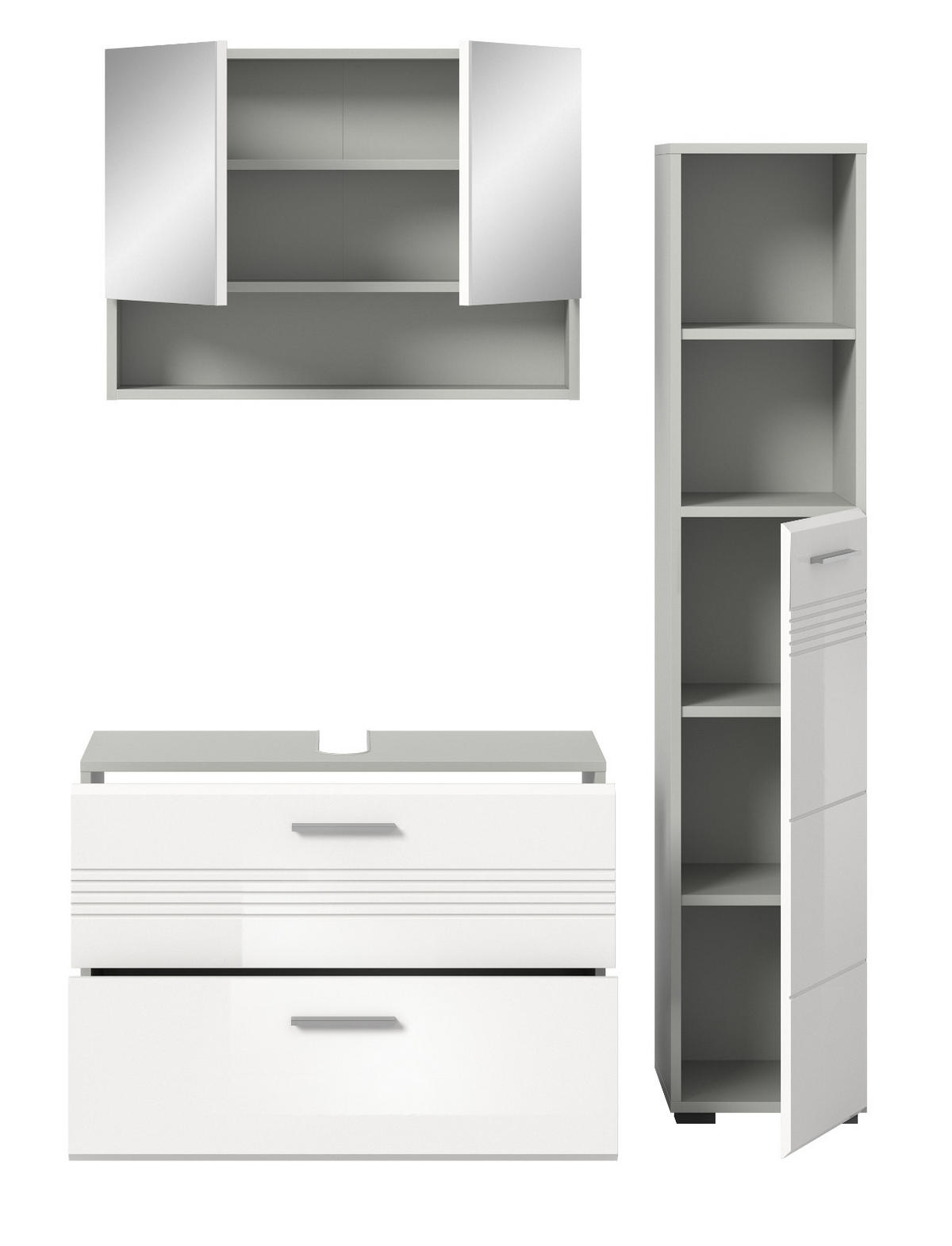 BADMÖBEL-SET 3-teilig weiß Hochglanz, grau 125 cm, Komplettset mit Soft-Close - Weiß Hochglanz/Grau, Glas/Holzwerkstoff (125/190/32cm) - Inn.Furn