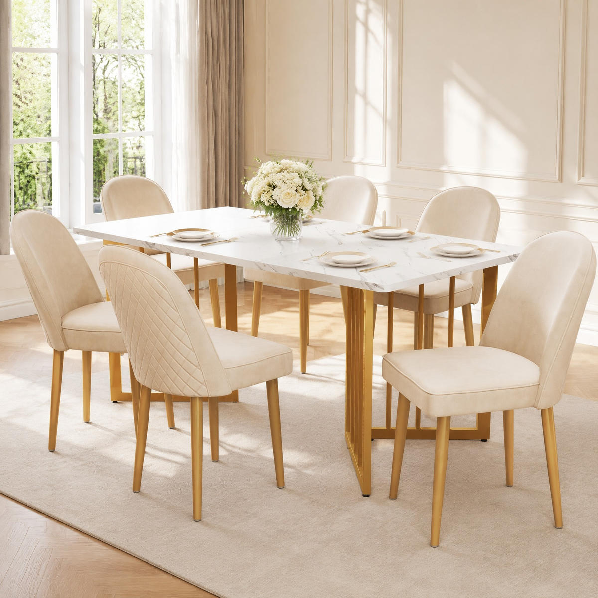 WOHNZIMMER STÜHLE mit Samtbezug Metallbeinen 6tlg Beige - Beige, Textil (45.5/87.5/62cm) - EVRYAE