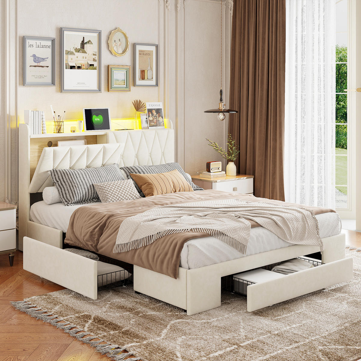 POLSTERBETT 160x200 cm, Beige, mit USB, Steckdosen & LED - Beige, Textil/Metall (160/200cm)
