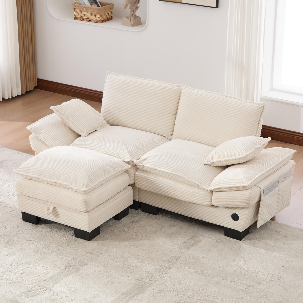 2-SITZER Sofa aus Corduroy 190x132x84 cm mit Hocker & USB-C, beige - Beige, Textil (132/84/190cm)
