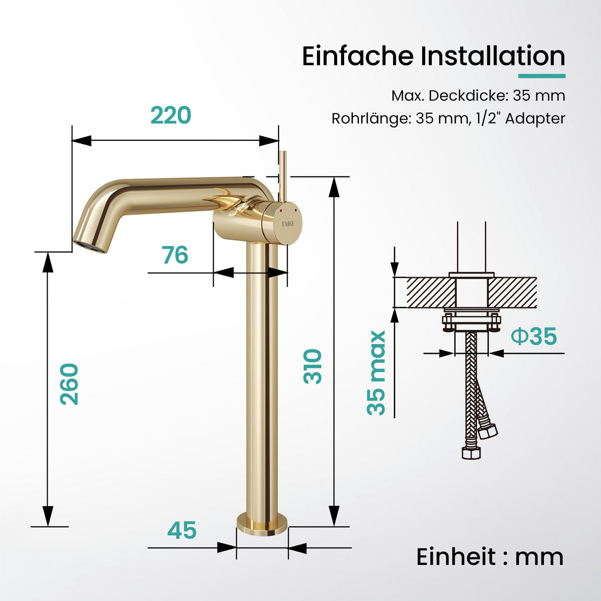 WASCHTISCHARMATUR Wasserzulaufrohr aus Edelstahl Champagnergold 26cm - Goldfarben, Metall (22/7.6/33.2cm) - EMKE