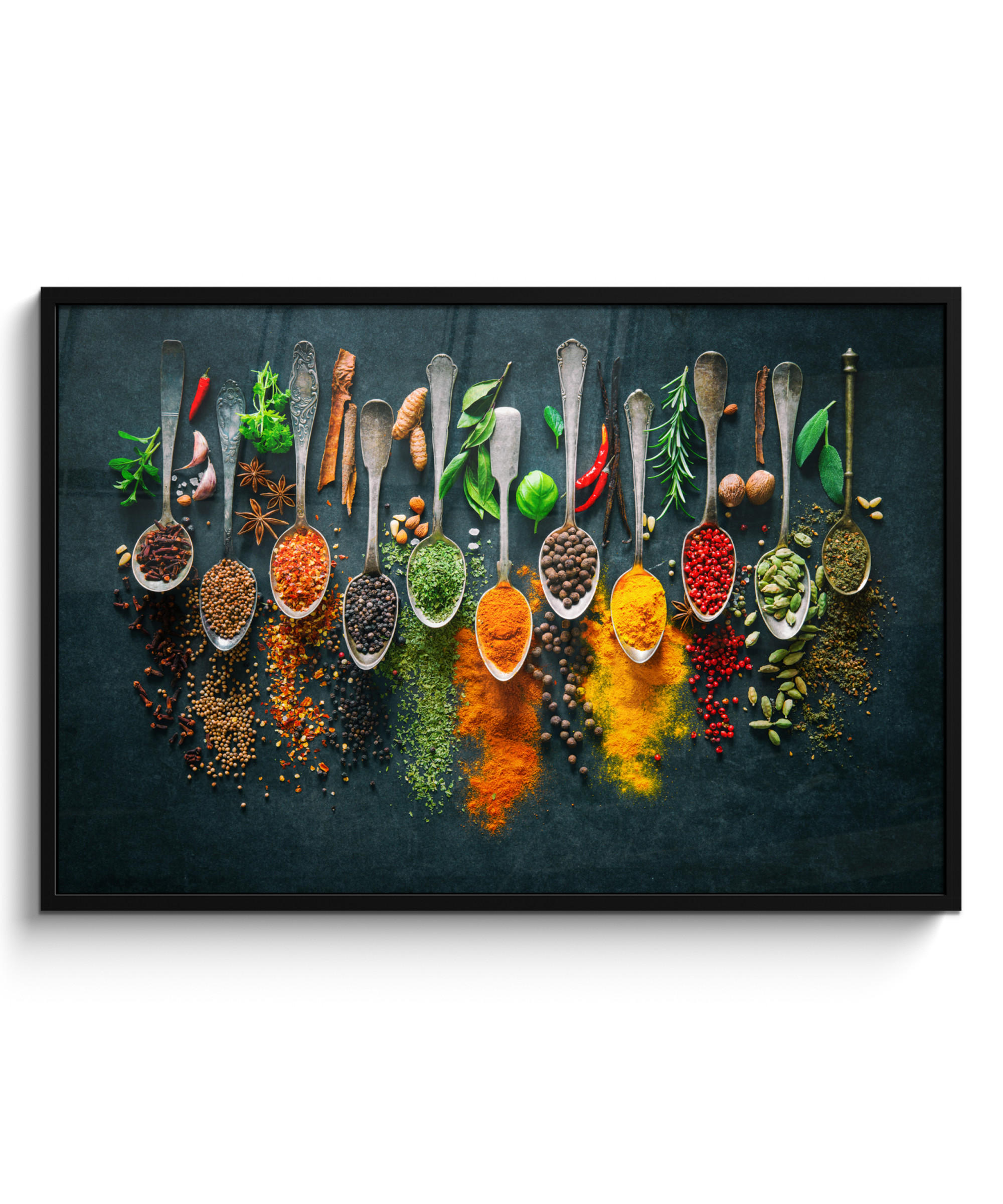 POSTER MIT RAHMEN Kräuter - Gewürze - Löffel 120x80 cm - Currygelb, Papier (120/80cm) - MuchoWow