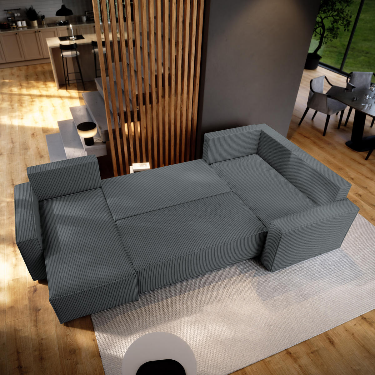 WOHNLANDSCHAFT NORENA R-S Grau Kordstoff mit Schlaffunktion - Grau, Holz (295/85/157.5cm) - MASSENO