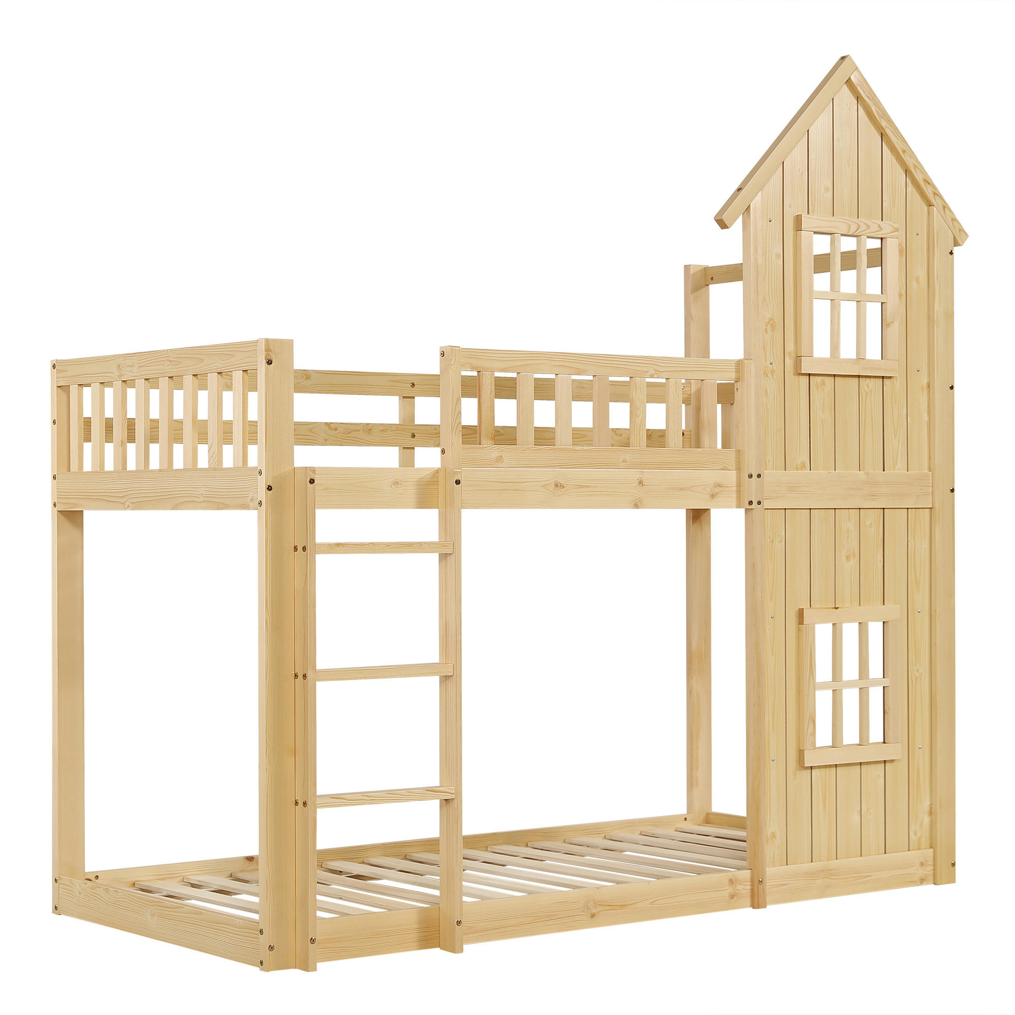 ETAGENBETT Natur Liegefläche 90/200 cm, Hausform, Treppe, Lattenrost, Ohne Matratze - Naturfarben, Holz - PANGIVO