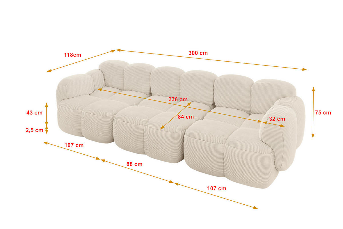3-SITZER modulares Sofa Miko-S2 300x118x75 cm Beige Cord - Beige/Schwarz, Holzwerkstoff/Kunststoff (300/75/118cm) - ALTDECOR