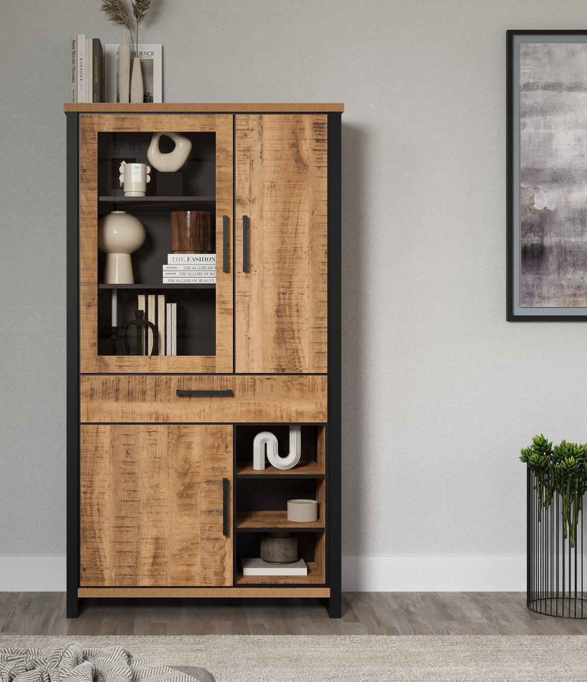 VITRINE Mango, schwarz 106 x 195 cm, Vitrinenschrank für Wohn- und Esszimmer - Schwarz/Naturfarben, Glas/Holzwerkstoff (106/195/45cm) - Top.Furn