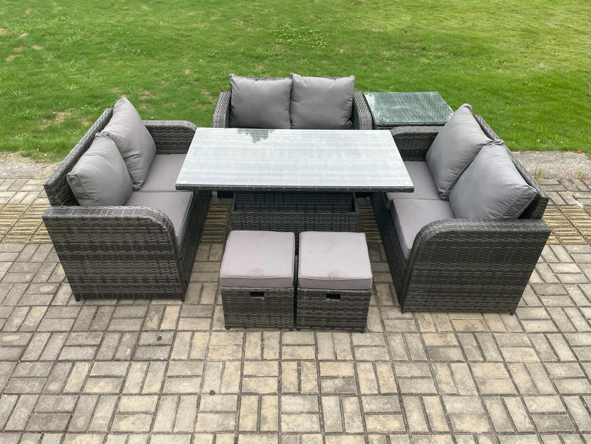 GARTENSOFA SET Polyrattan Dunkelgrau 8-Sitzer - Dunkelgrau, Metall - Fimous