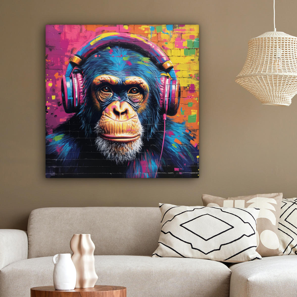 LEINWANDBILD Graffiti - Schimpanse - Straßenkunst - Kopfhörer - Affe 90x90 cm - Blau, Textil (90/90cm) - MuchoWow