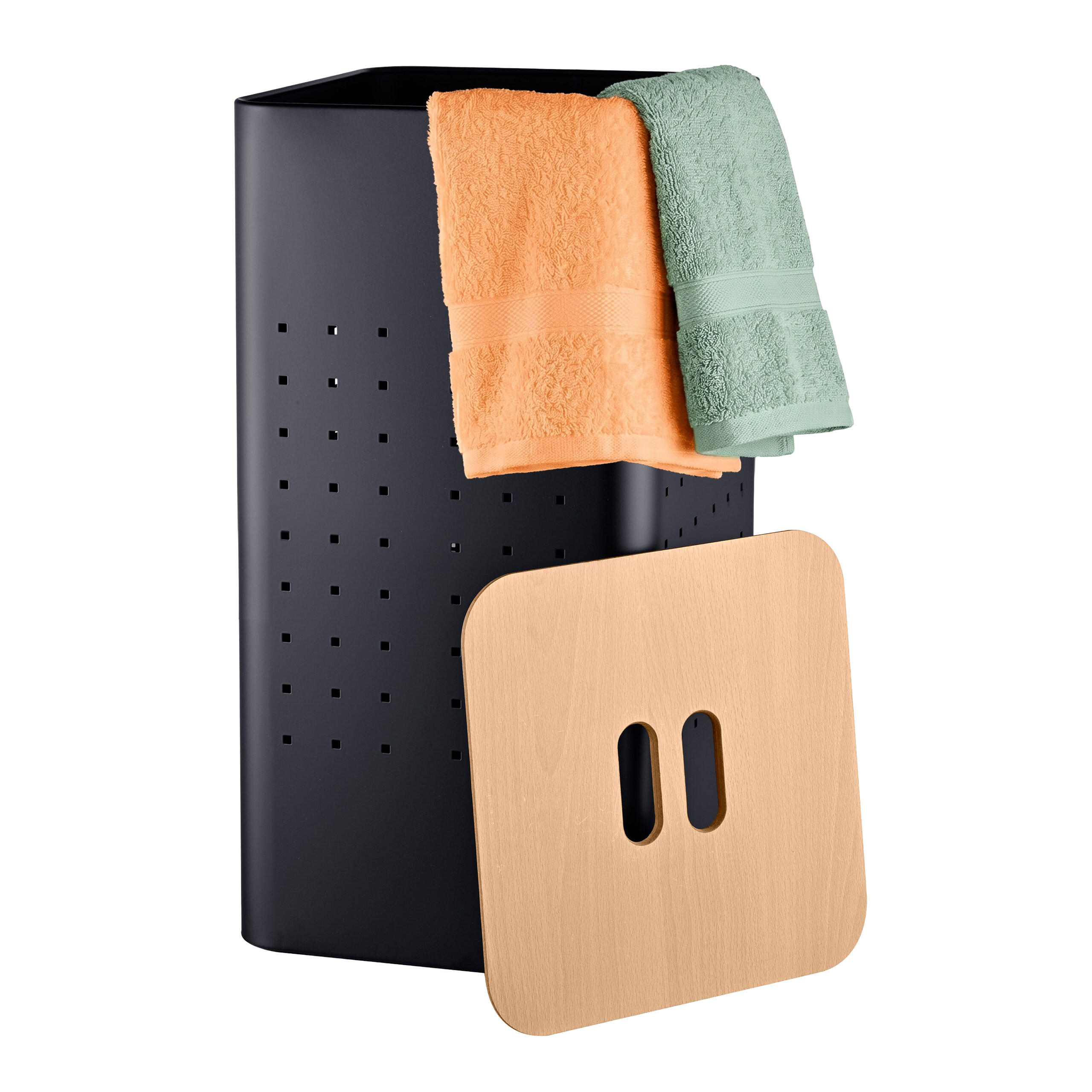 KOŠ Črn za perilo kovinski s pokrovom videz lesa 55 l - črna, kovina/leseni material (31.5/31.5/56cm) - Relaxdays