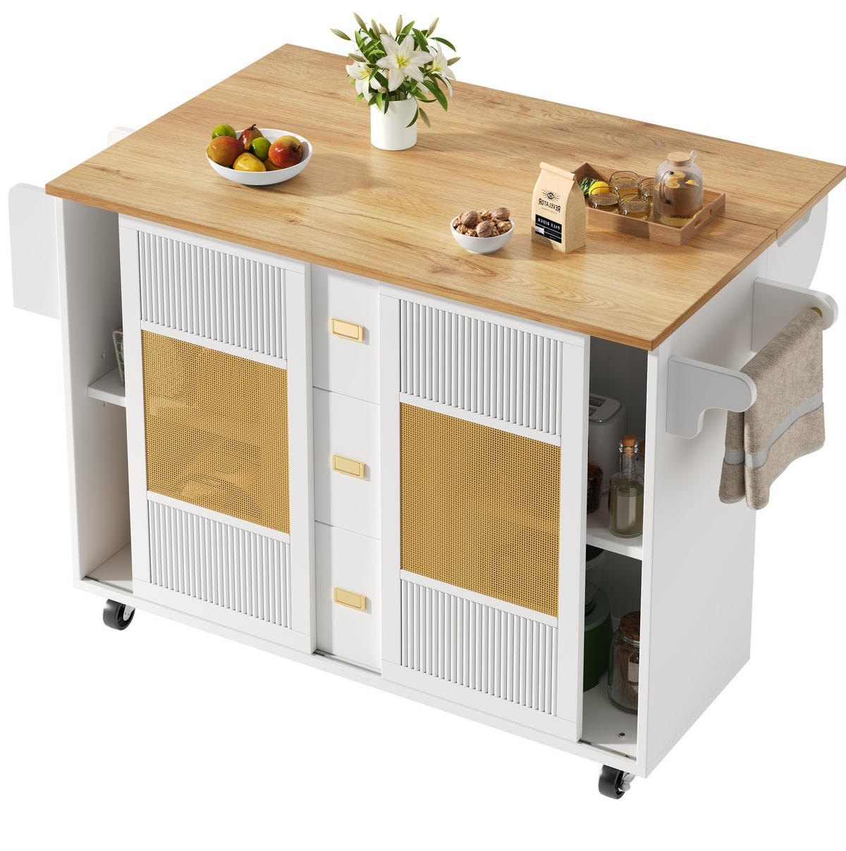 KÜCHENINSEL 146,85/70/90 cm aus MDF und Metall mit klappbarer Tischplatte Weiß - Weiß, Holzwerkstoff (146.85/90/70cm) - Modenvie
