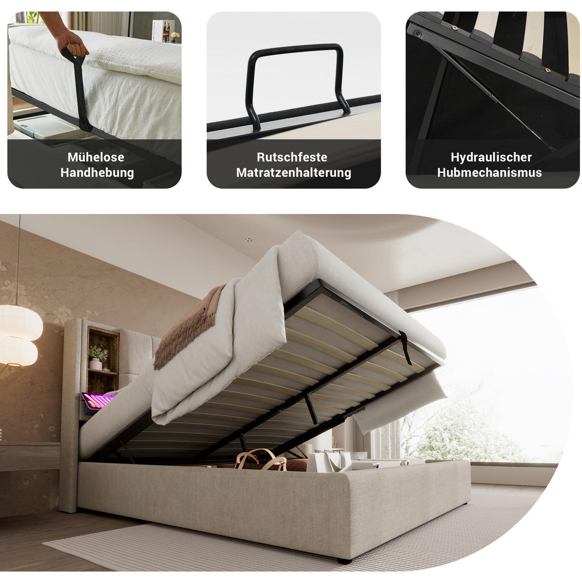 POLSTERBETT 140/200 cm mit kabellosem Laden, USB-C, Matratze, Bettkasten und Leinenbezug, Natürlich - Naturfarben, Textil (140/200cm) - Redom