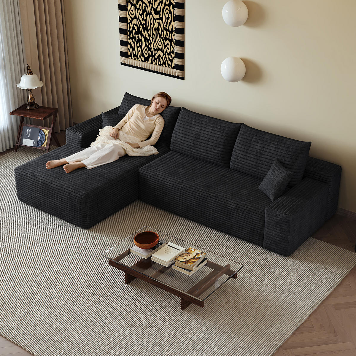 ECKSOFA 270/175/83 cm Schwarz Cord mit Chaiselongue, Linke Seite - Schwarz, Textil (270/175cm) - Oxeza