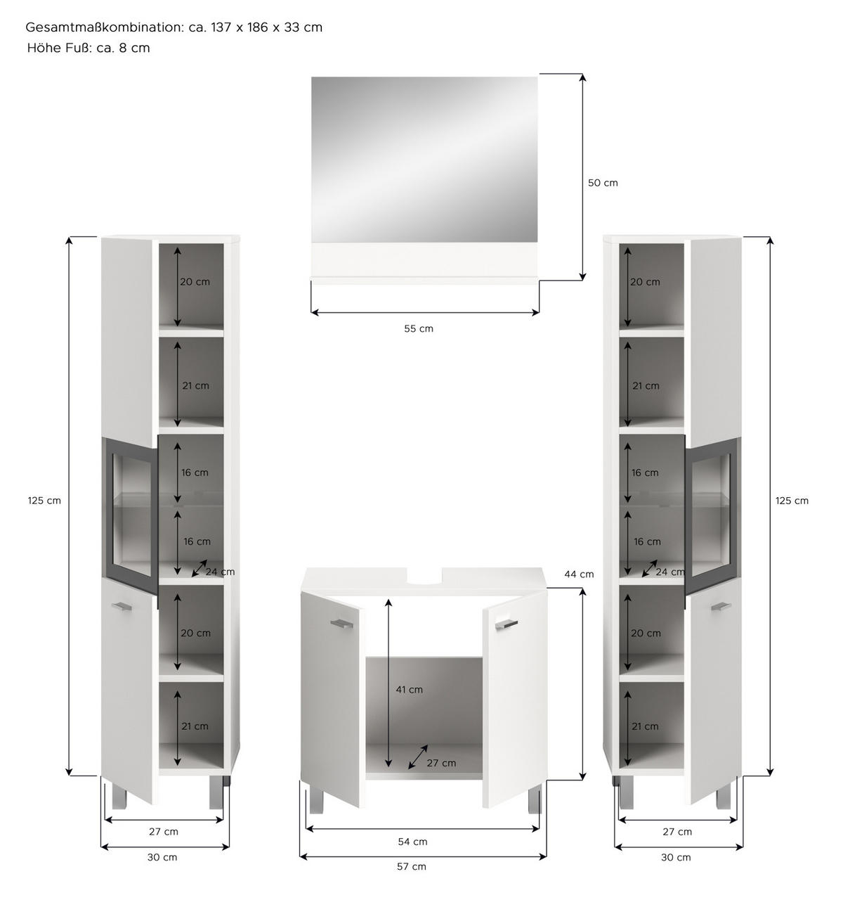 BADMÖBEL-SET weiß 4-teilig 140 cm, Kombination hängend oder stehend - Weiß, Glas/Holzwerkstoff (137/186/33cm) - Inn.Furn
