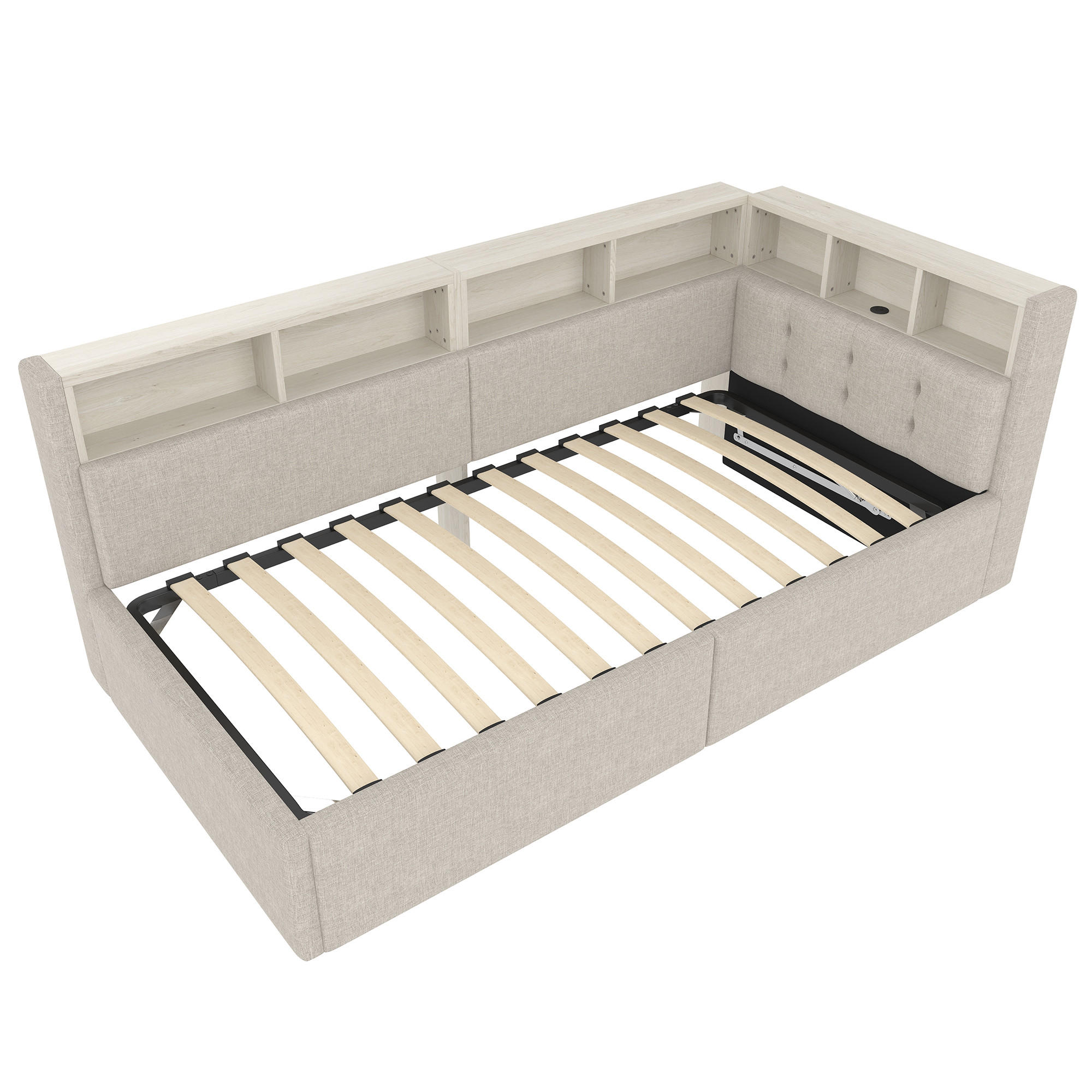 STAURAUMBETT 90/200 cm DE-04951, mit LED und Hydraulik in Beige - Beige, Holzwerkstoff (90/200cm) - ComfortXL